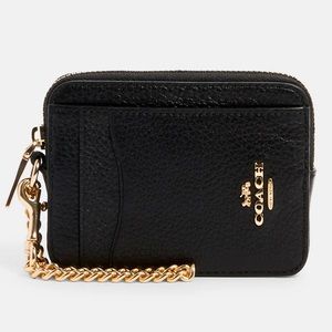 NWT COACH Zip Card Case Wallet Leather Black/Gold